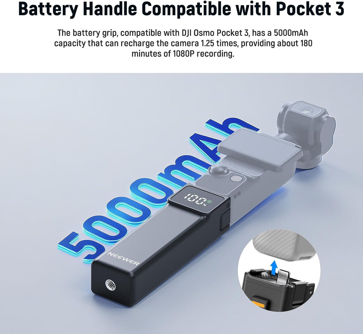 NEEWER Batteriegriff, kompatibel mit DJI Osmo Pocket 3 & Creator Combo Stativzubehör, 5000 mAh