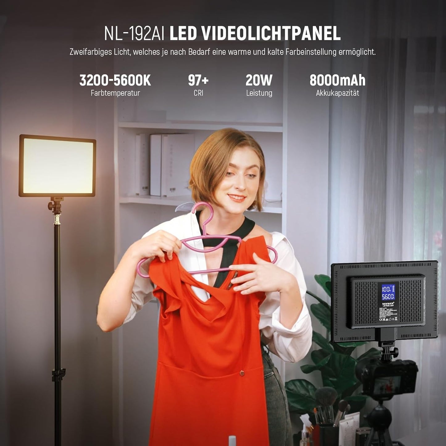NEEWER 192 LED Panel Videolicht, 20W Flächenleuchte Dimmbar DSLR Kamera 3200-5600K