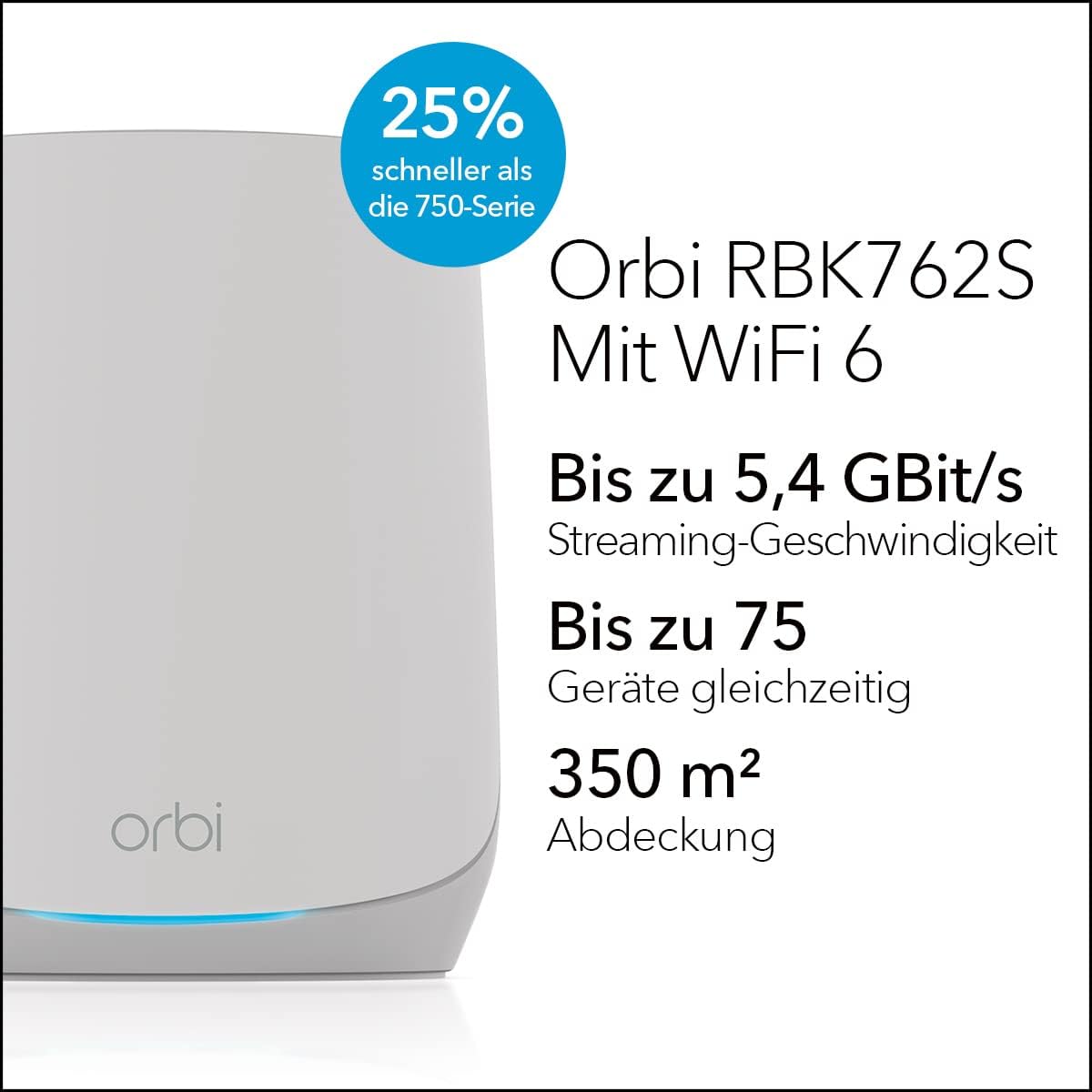 NETGEAR Orbi Tri-Band WiFi 6 Mesh-Netzwerksystem (RBK762S) – Router + 1 Satellit-Repeater