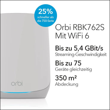 NETGEAR Orbi Tri-Band WiFi 6 Mesh-Netzwerksystem (RBK762S) – Router + 1 Satellit-Repeater