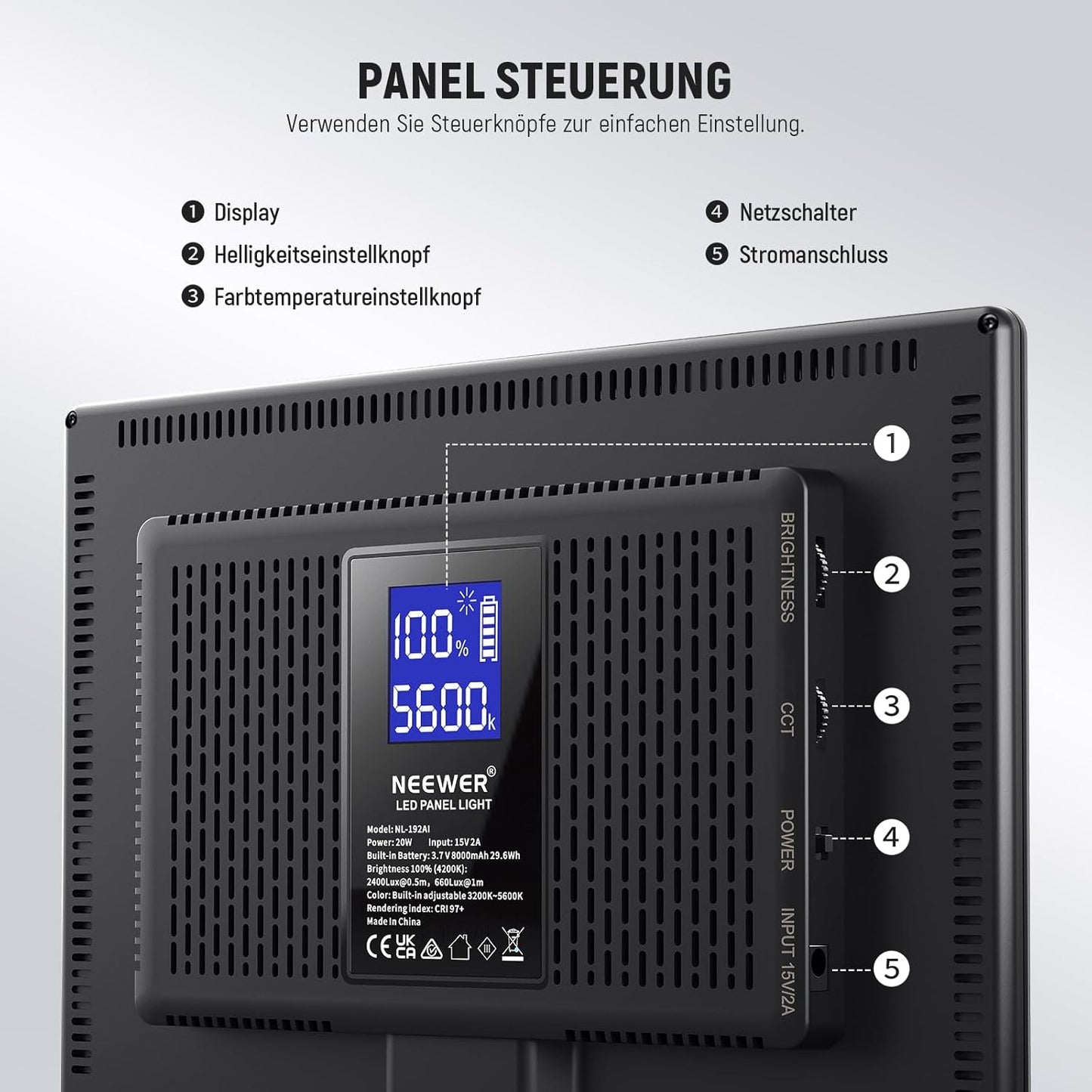 NEEWER 192 LED Panel Videolicht, 20W Flächenleuchte Dimmbar DSLR Kamera 3200-5600K