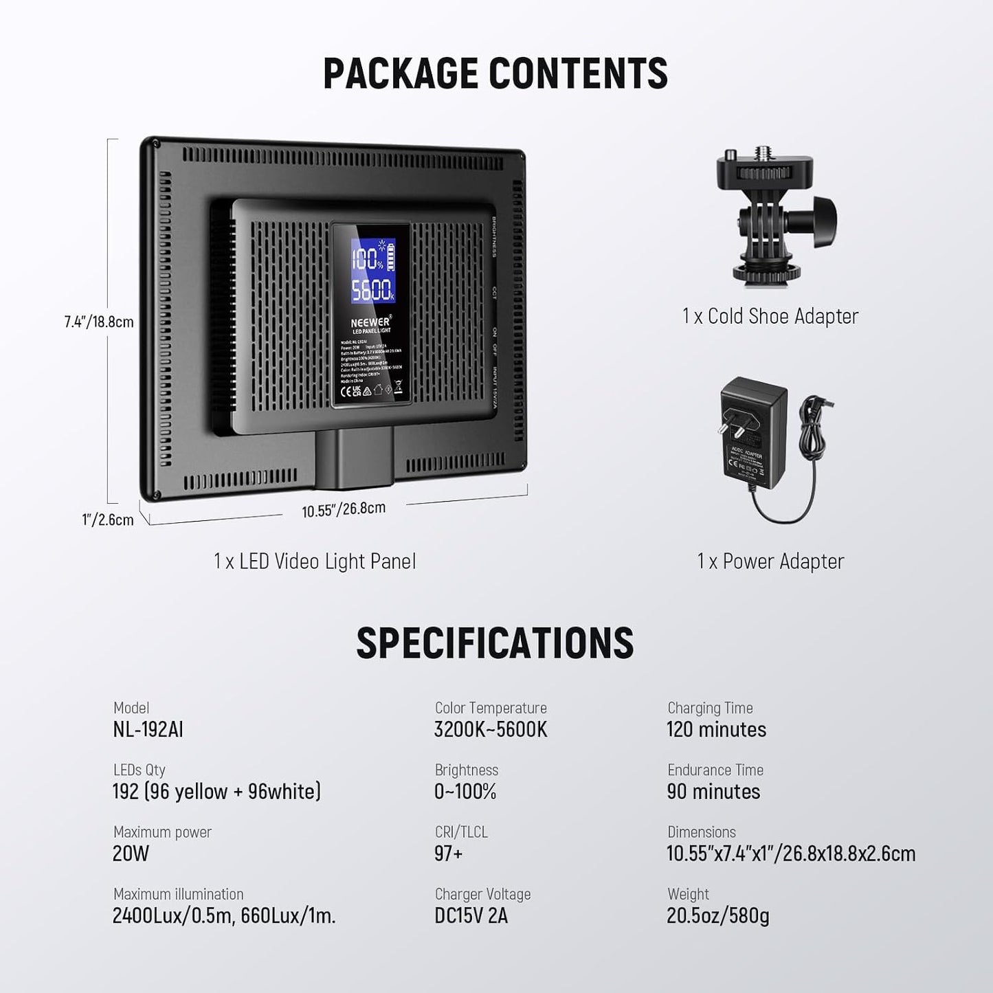 NEEWER 192 LED Panel Videolicht, 20W Flächenleuchte Dimmbar DSLR Kamera 3200-5600K