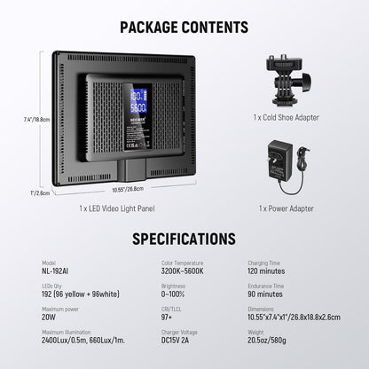 NEEWER 192 LED Panel Videolicht, 20W Flächenleuchte Dimmbar DSLR Kamera 3200-5600K
