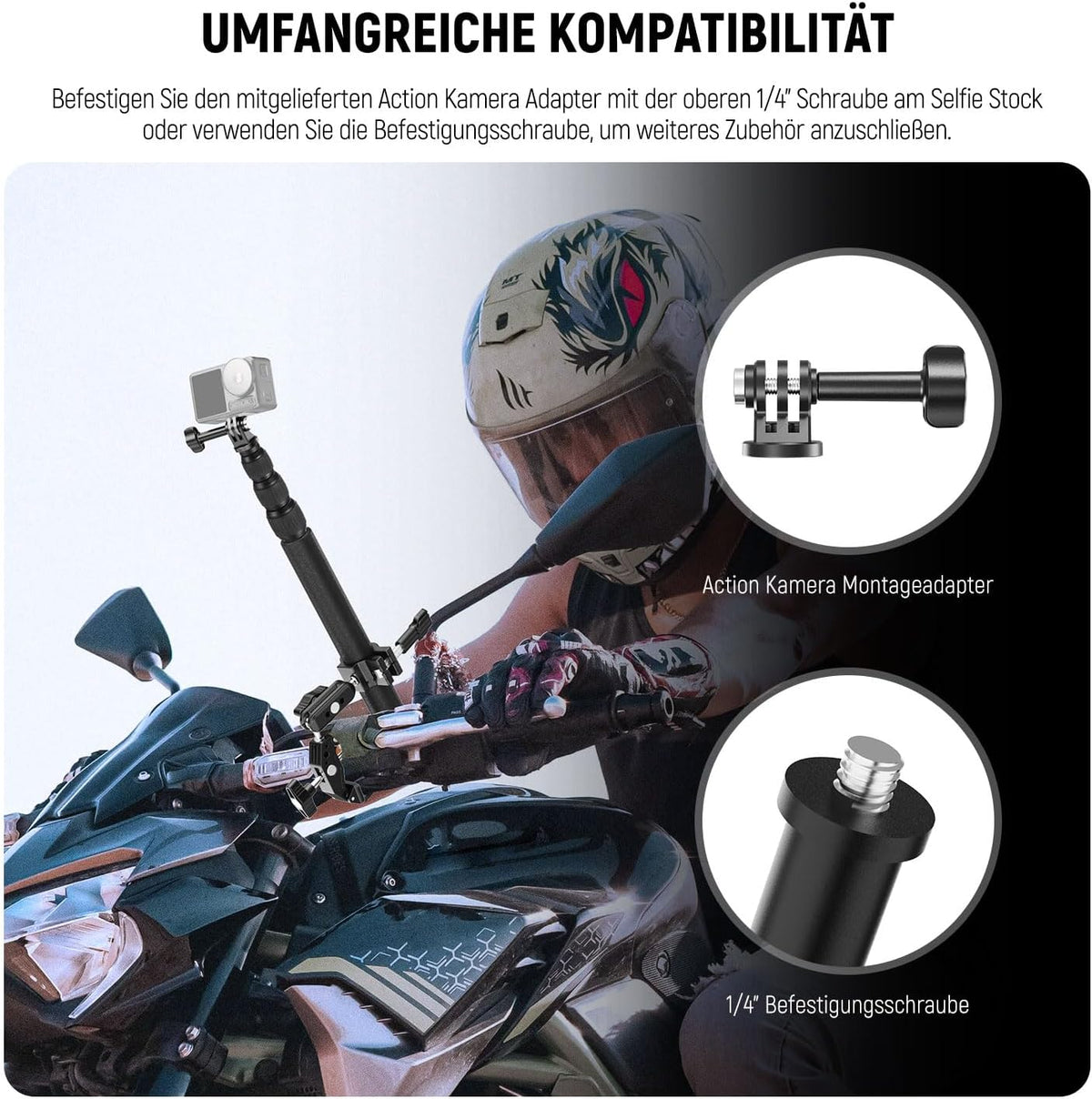 NEEWER Motorrad Kamerahalterung Set, unsichtbarer Selfie Stick für Fahrradlenker, 360°Kugelgelenke,