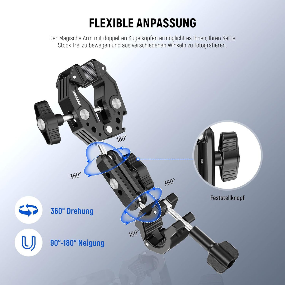 NEEWER Motorrad Kamerahalterung Set, unsichtbarer Selfie Stick für Fahrradlenker, 360°Kugelgelenke,