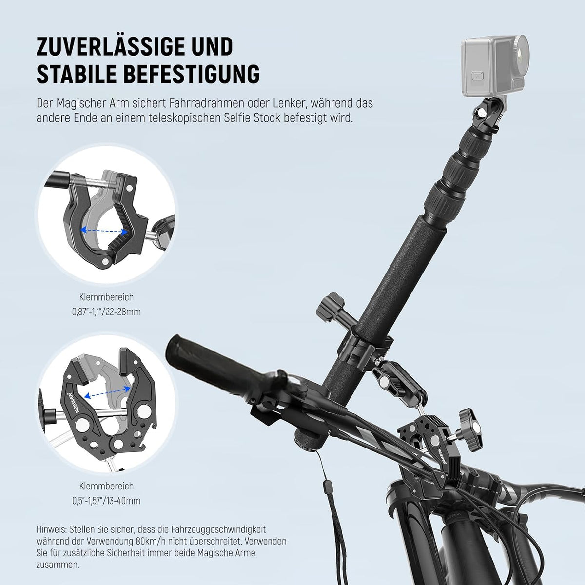 NEEWER Motorrad Kamerahalterung Set, unsichtbarer Selfie Stick für Fahrradlenker, 360°Kugelgelenke,