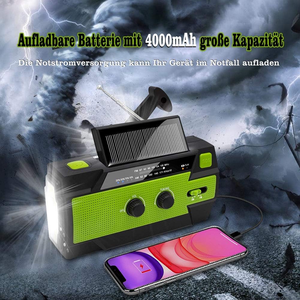 Nigecue Solarradio, tragbares Kurbelradio mit AM/FM-Empfang, eingebautem 4000-mAh-Akku,grün