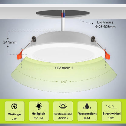 NITENSLAB LED Einbaustrahler 230v 7W 510lm,Spots Deckenleuchte IP44 3000K 6er Set