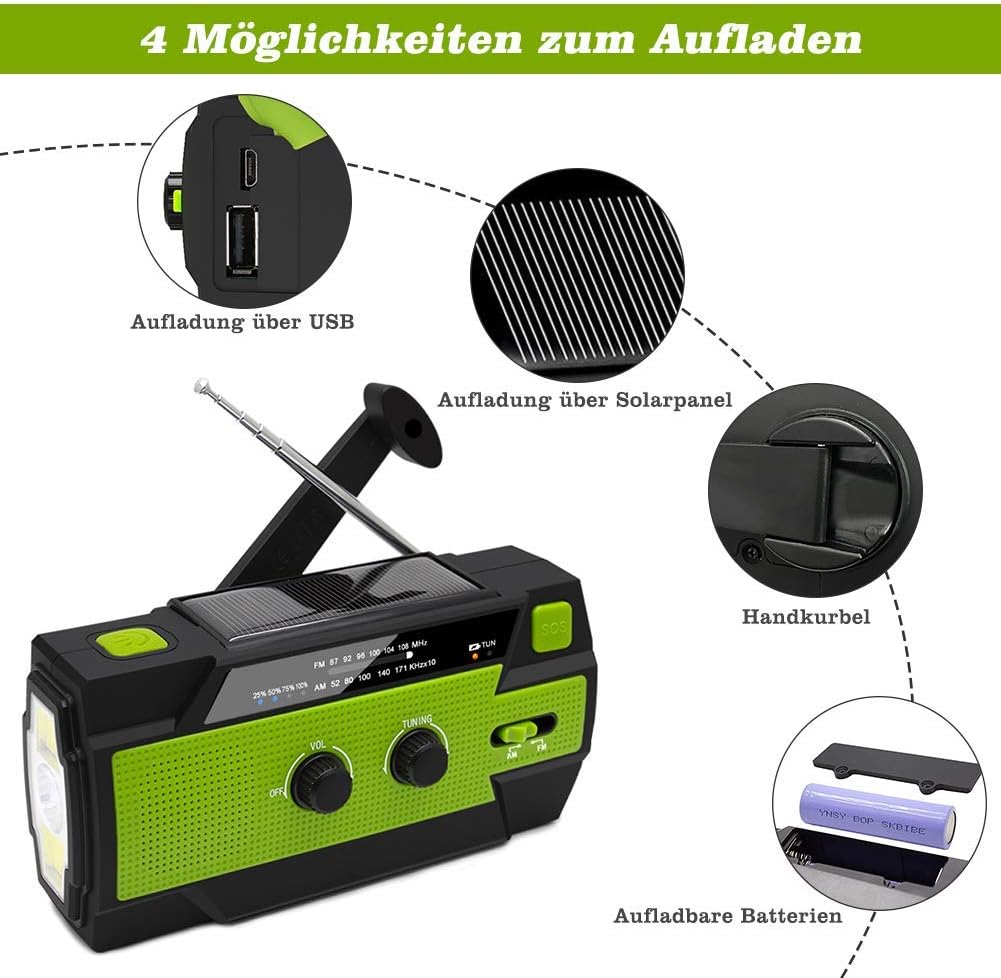 Nigecue Solarradio, tragbares Kurbelradio mit AM/FM-Empfang, eingebautem 4000-mAh-Akku,grün