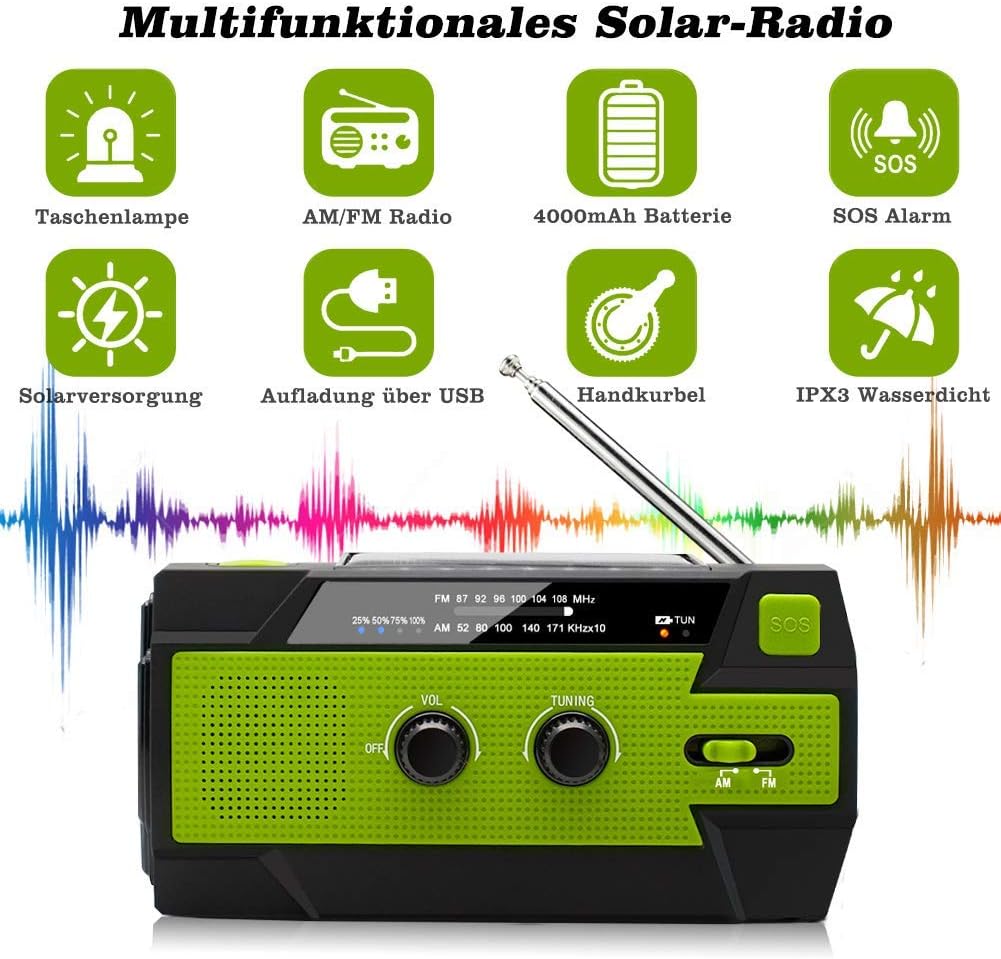 Nigecue Solarradio, tragbares Kurbelradio mit AM/FM-Empfang, eingebautem 4000-mAh-Akku,grün
