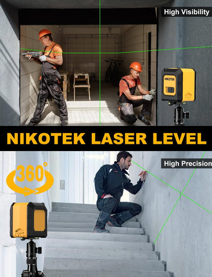 NIKOTEK Kreuzlinienlaser, Laser Wasserwaage  kein Stativ (Vertikale/Horizontale Grün Laser, 15 m,Schutztasche)