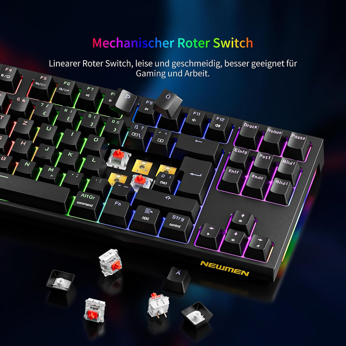 Newmen GM870 Gaming Tastatur mit Kabel,88 Tasten,QWERTZ,Rote Schalter