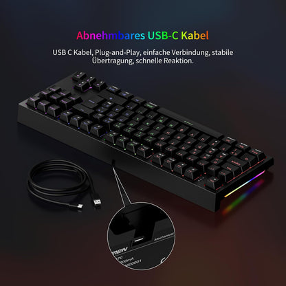 Newmen GM870 Gaming Tastatur mit Kabel,88 Tasten,QWERTZ,Rote Schalter