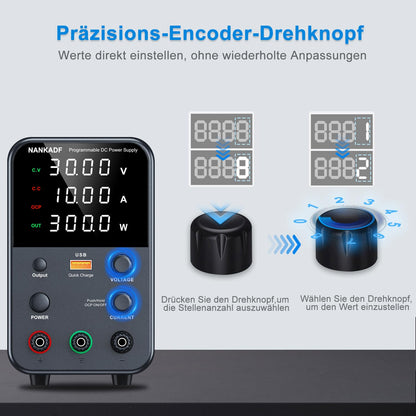 NANKADF Labornetzteil (0-30V,0-10A) mit Kurzschlussalarm /Ausgangsschalter 4-stellige led