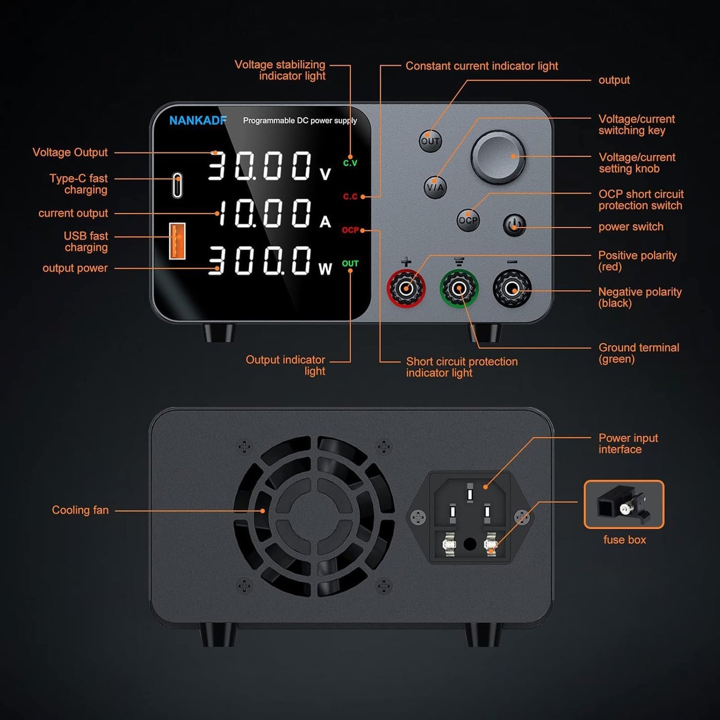 Nankadf Labornetzgerät 30V 10A, DC geregeltes Netzteil mit USB-A/Type-c Schnittstelle,