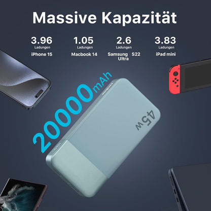 Power bank 20000mAh 45W Schnell Ladegerät Power Bank Ladestation Blau