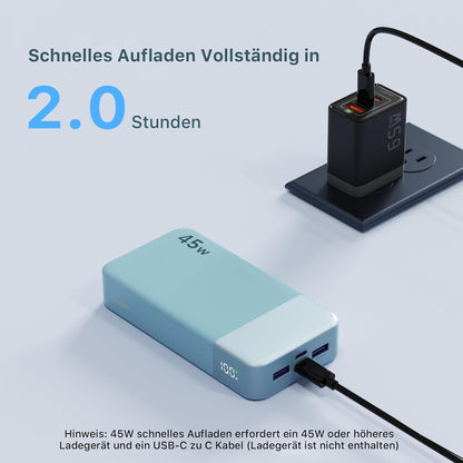 Power bank 20000mAh 45W Schnell Ladegerät Power Bank Ladestation Blau