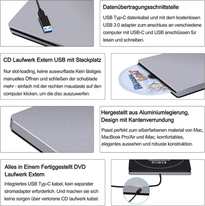 NOLYTH Externes DVD Laufwerk Extern USB für Mac MacBook PC Windows Slot-in