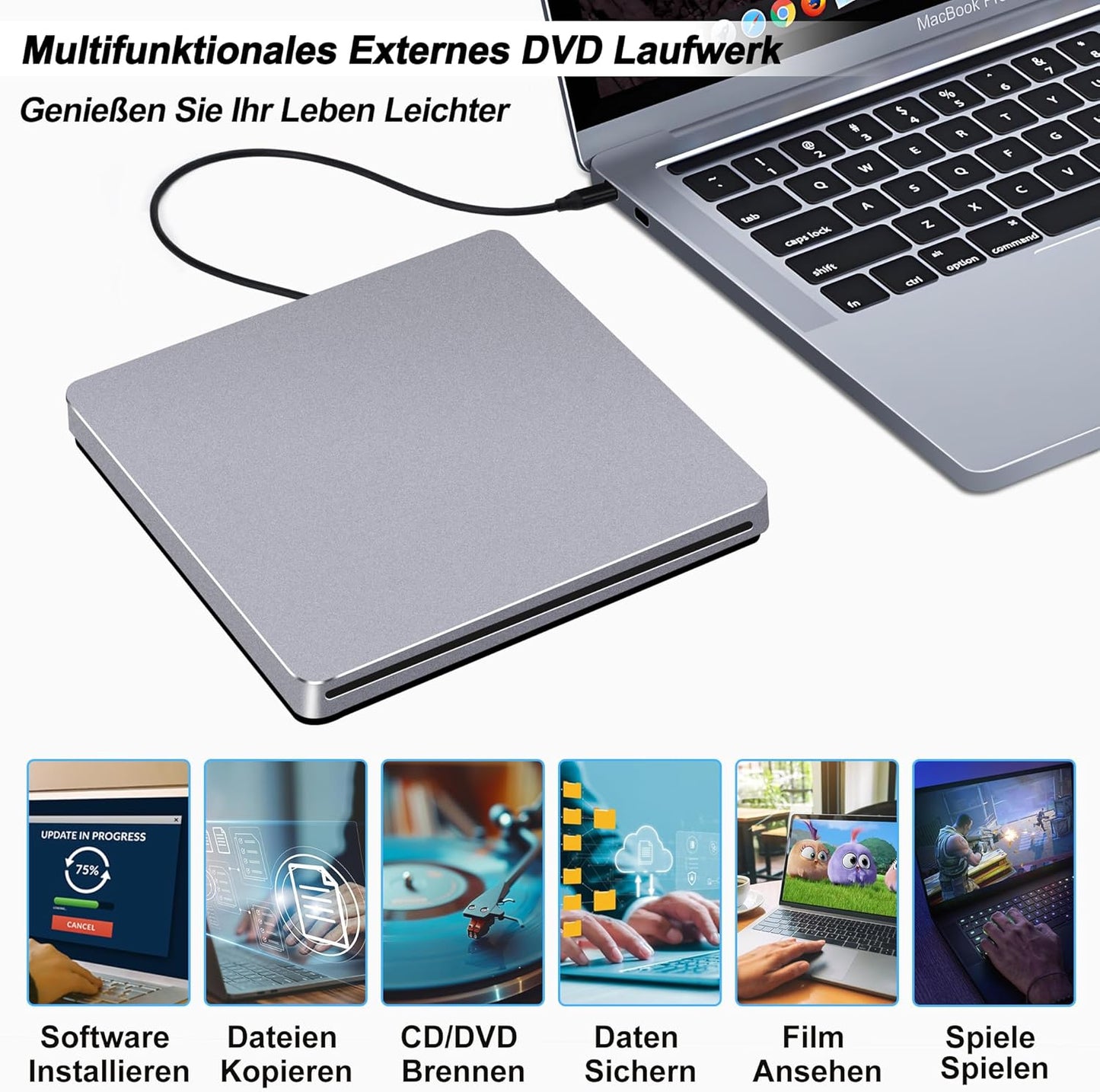 NOLYTH Externes DVD Laufwerk Extern USB für Mac MacBook PC Windows Slot-in
