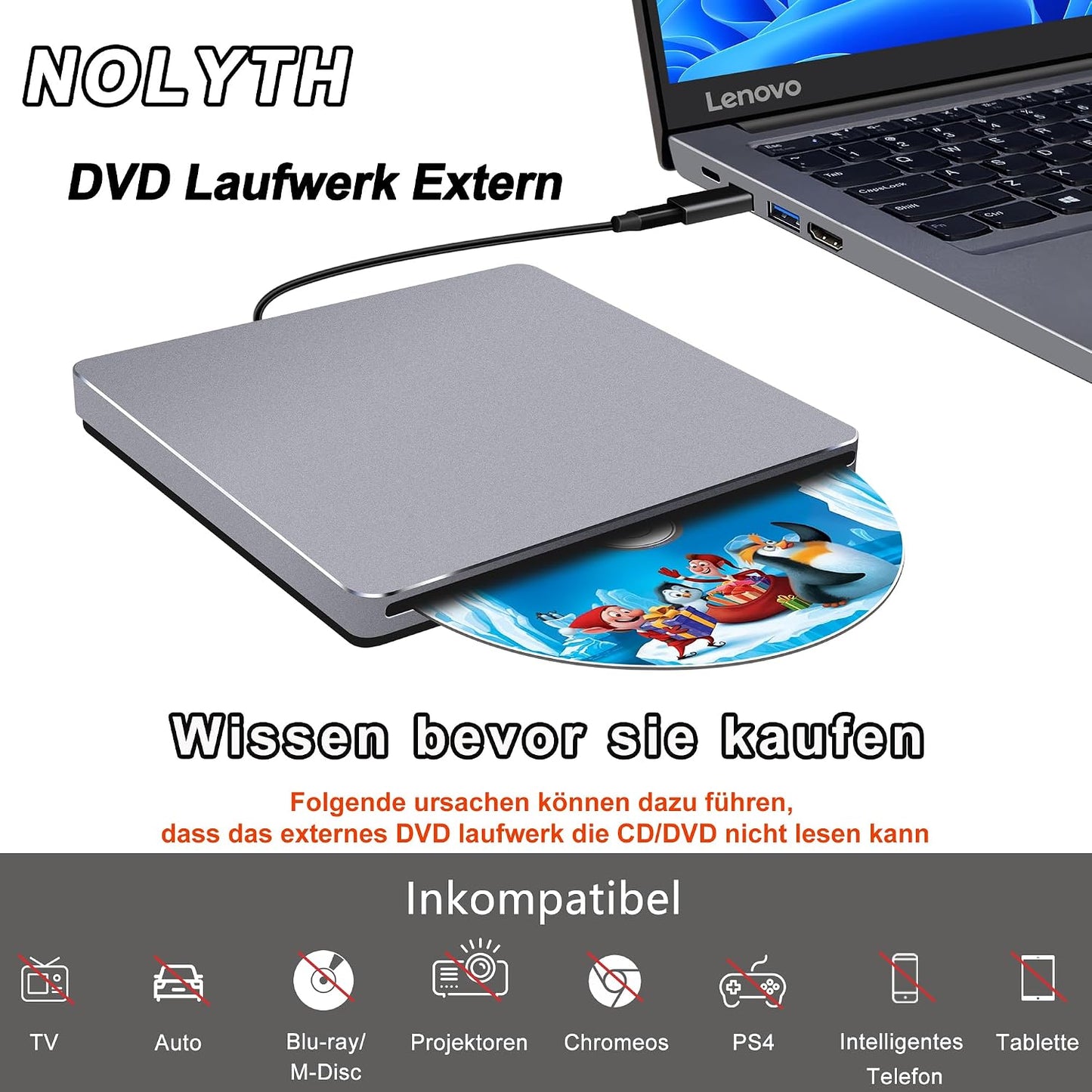 NOLYTH Externes DVD Laufwerk Extern USB für Mac MacBook PC Windows Slot-in