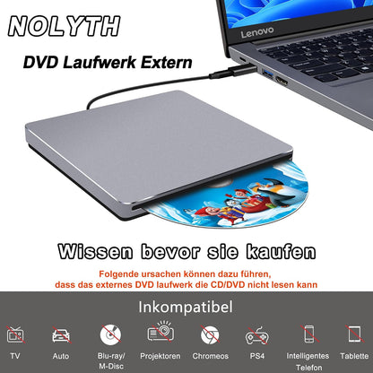 NOLYTH Externes DVD Laufwerk Extern USB für Mac MacBook PC Windows Slot-in