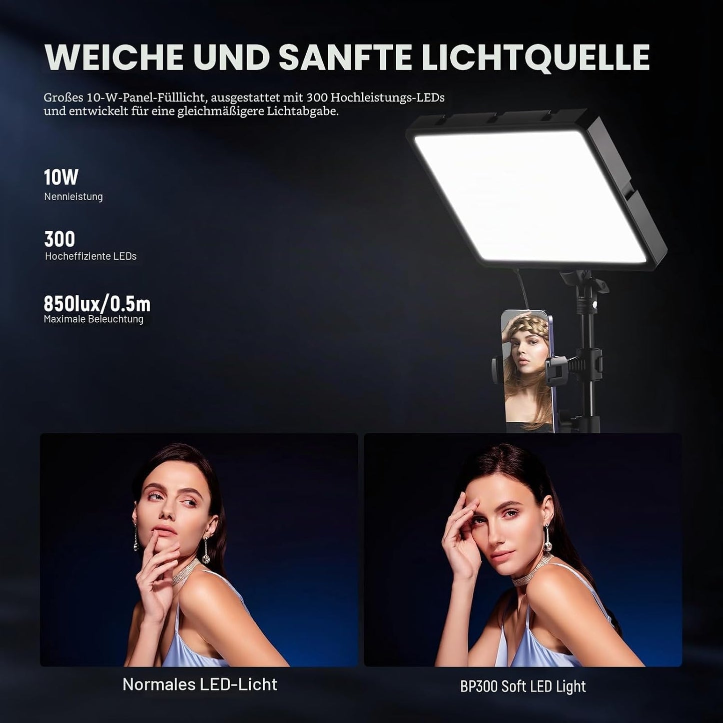 NEEWER Basics BP300 LED Videolicht Panel Light mit 150cm Stativ & Handyhalter