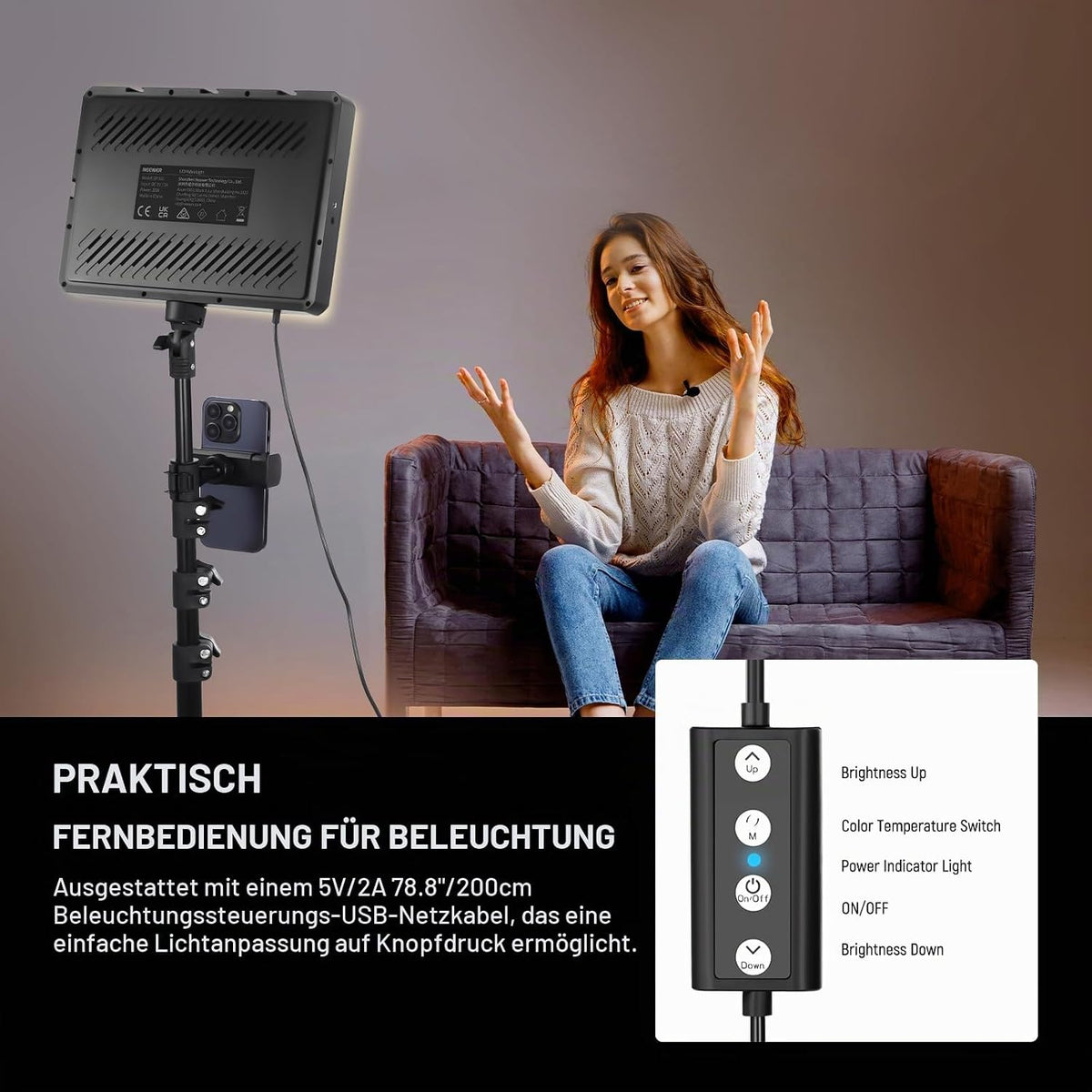 NEEWER Basics BP300 LED Videolicht Panel Light mit 150cm Stativ & Handyhalter