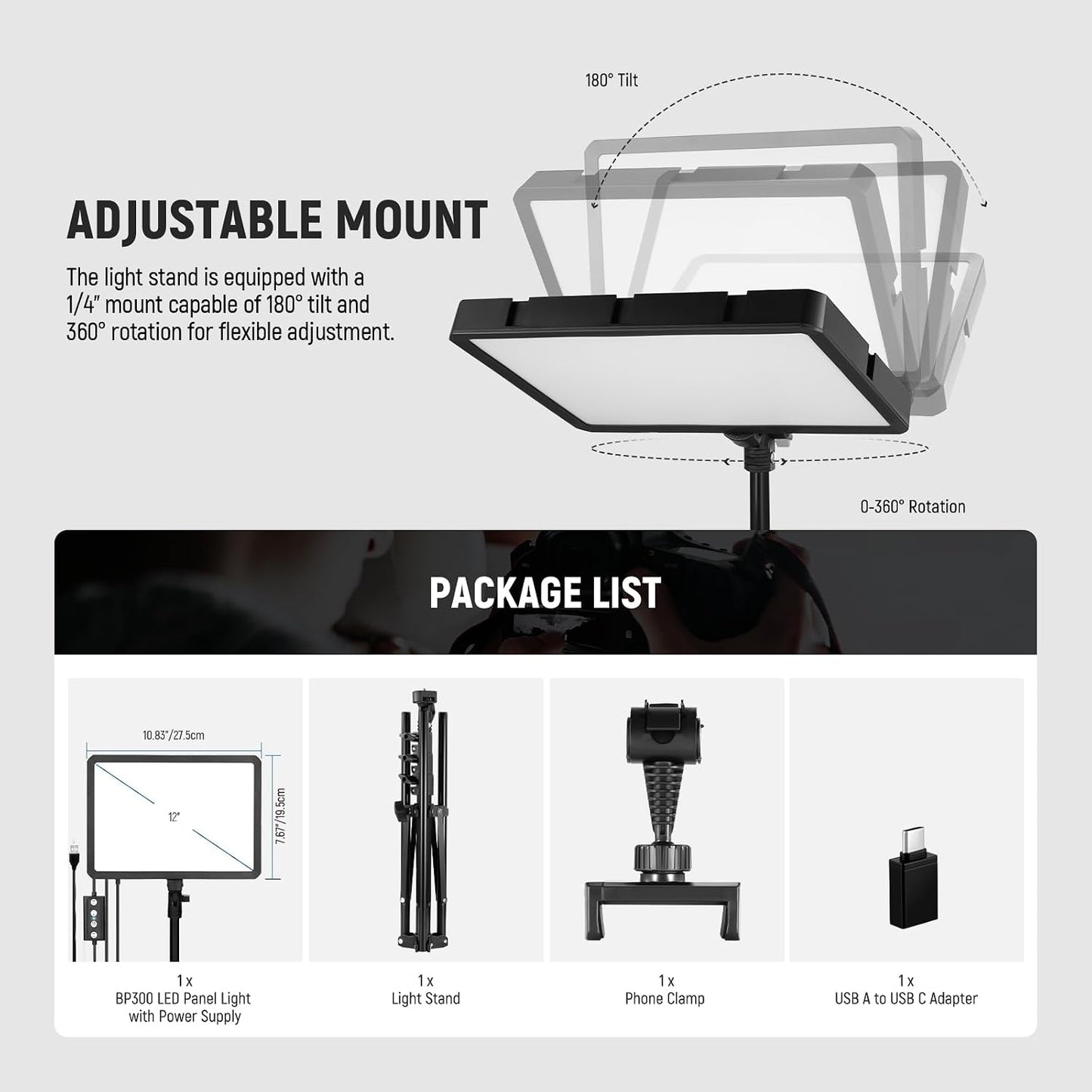 NEEWER Basics BP300 LED Videolicht Panel Light mit 150cm Stativ & Handyhalter