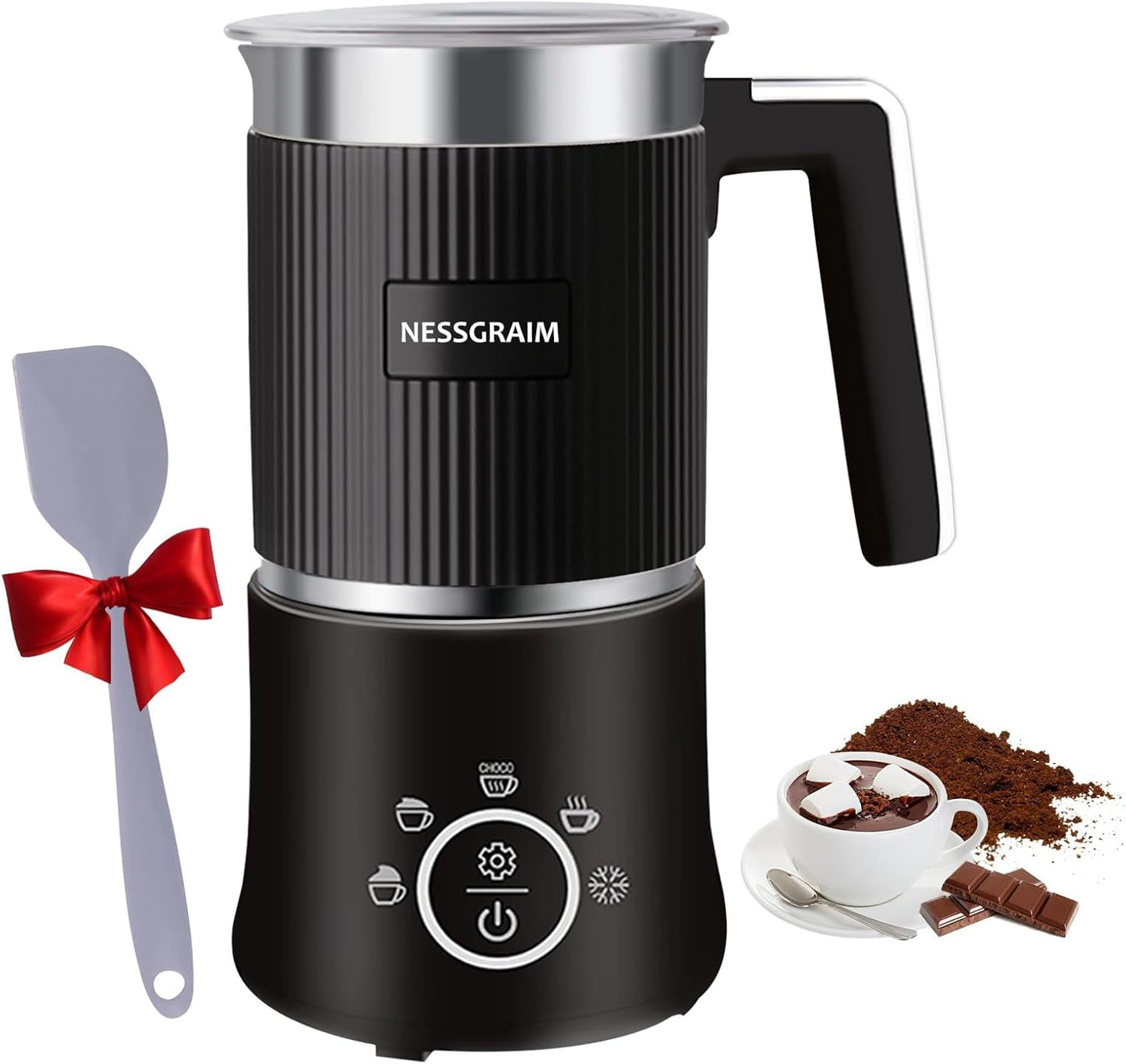 Milchaufschäumer Elektrisch 5-in-1, Spülmaschinenfest mit Kakao Funktion  220V (Schwarz)