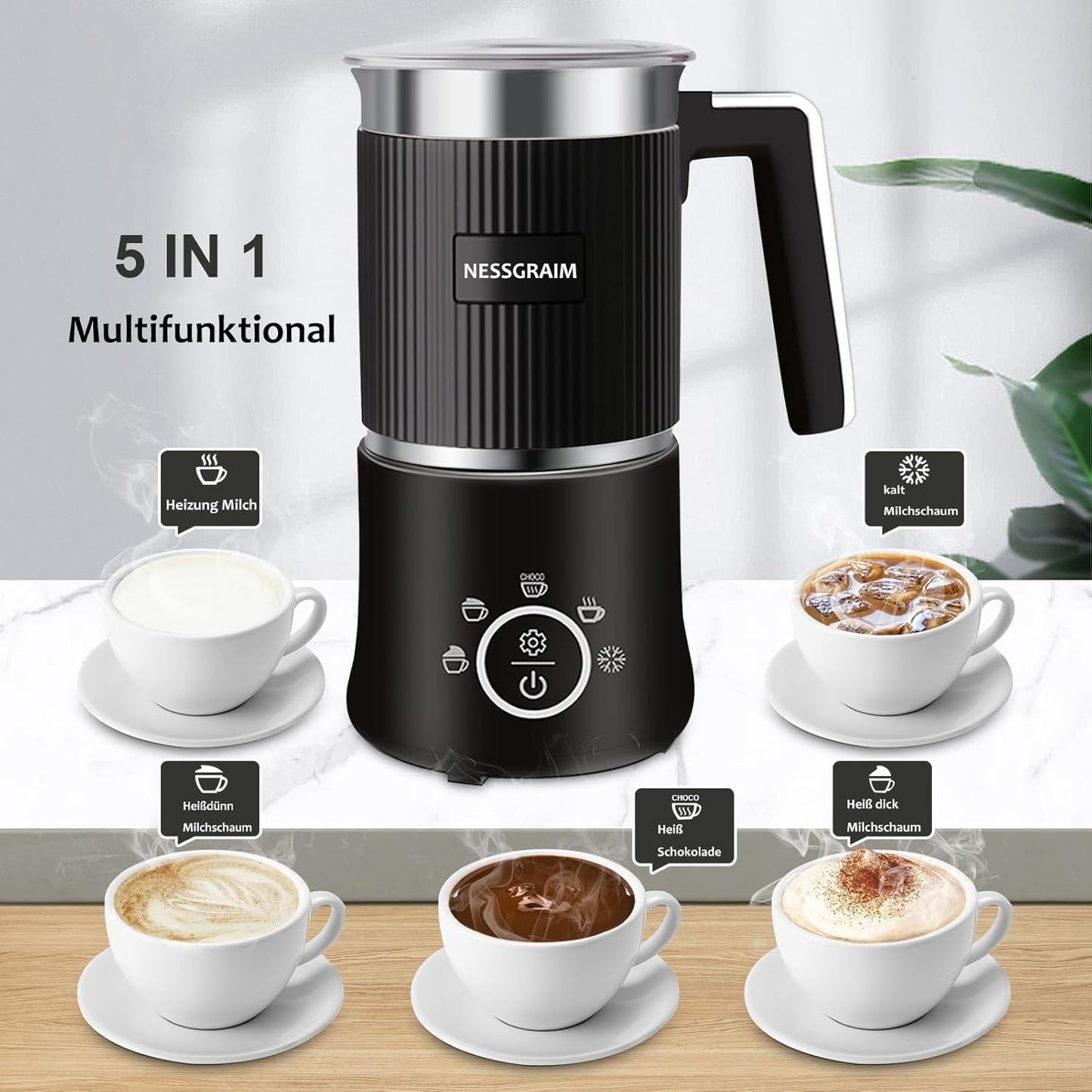 Milchaufschäumer Elektrisch 5-in-1, Spülmaschinenfest mit Kakao Funktion  220V (Schwarz)