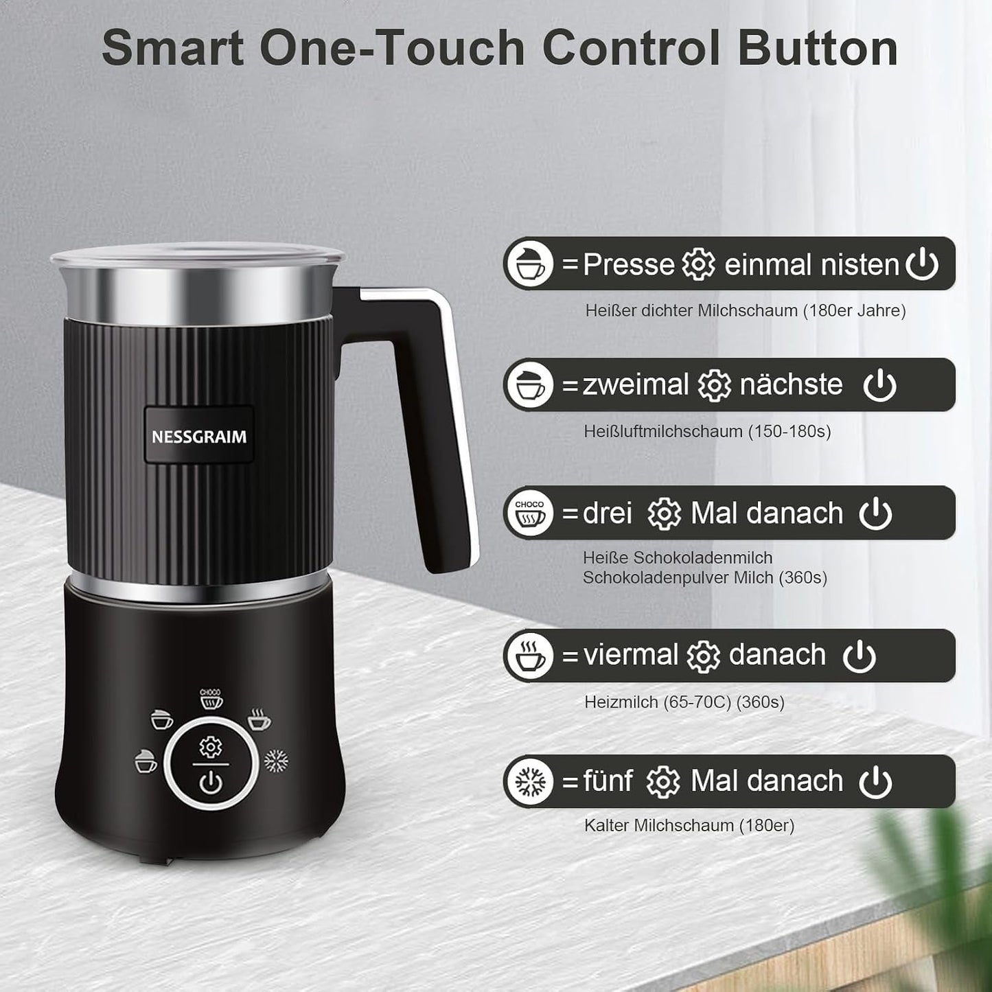 Milchaufschäumer Elektrisch 5-in-1, Spülmaschinenfest mit Kakao Funktion  220V (Schwarz)