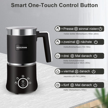 Milchaufschäumer Elektrisch 5-in-1, Spülmaschinenfest mit Kakao Funktion  220V (Schwarz)