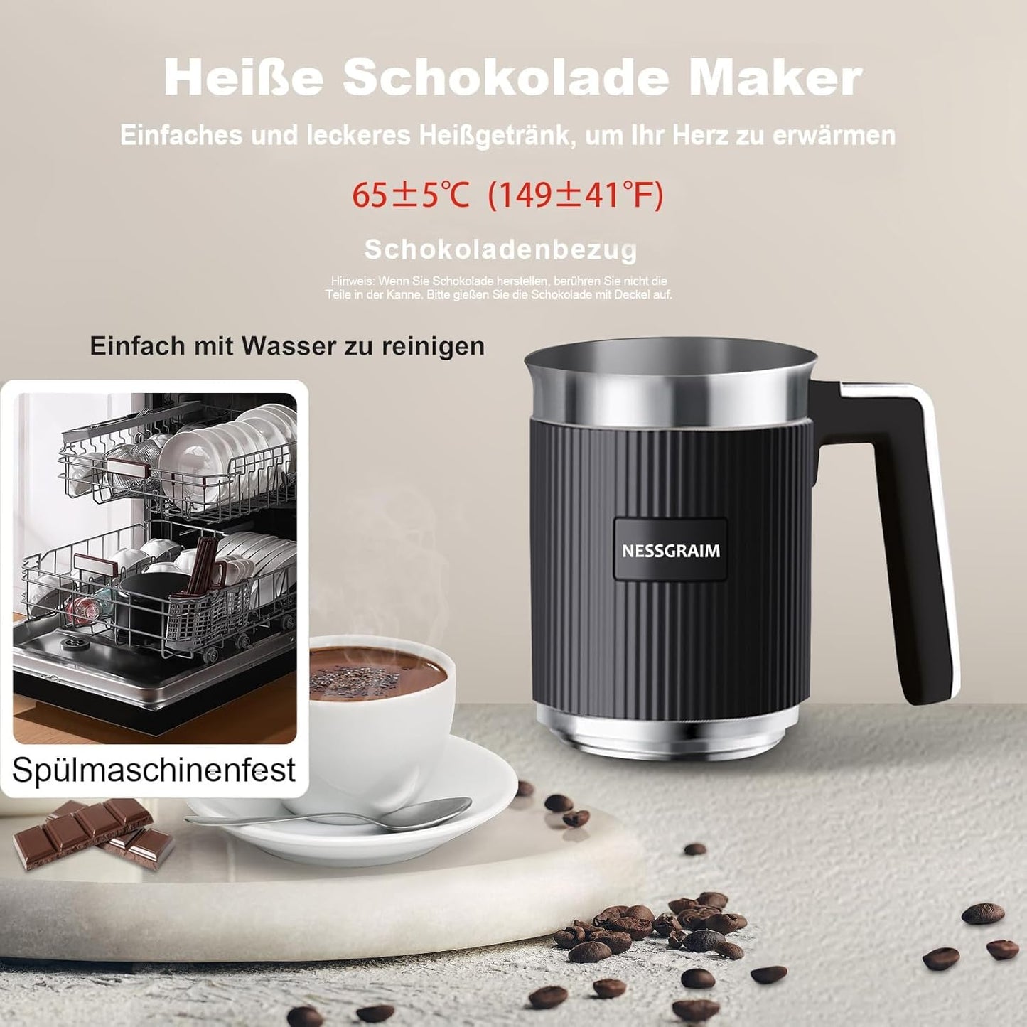 Milchaufschäumer Elektrisch 5-in-1, Spülmaschinenfest mit Kakao Funktion  220V (Schwarz)