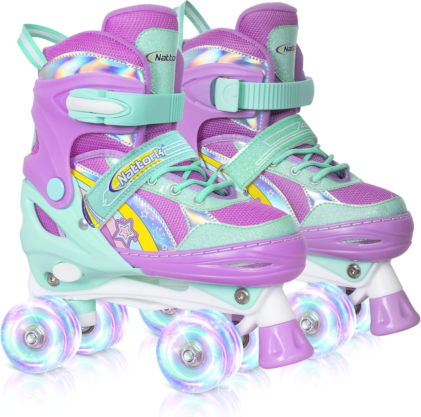 NATTORK Kinder-Rollschuhe für Mädchen, Medium(32-36 EU)4 Größenverstellbar, Regenbogen-Quad-Skates mit allen leuchtenden Rädern