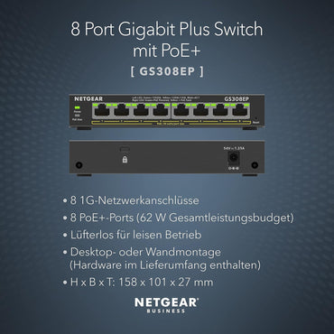 Netgear GS308EP PoE Switch 8 Port Gigabit Ethernet LAN Switch PoE+ 62W Plus