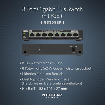Netgear GS308EP PoE Switch 8 Port Gigabit Ethernet LAN Switch PoE+ 62W Plus