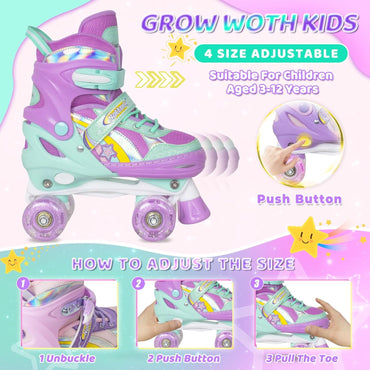 NATTORK Kinder-Rollschuhe für Mädchen, Medium(32-36 EU)4 Größenverstellbar, Regenbogen-Quad-Skates mit allen leuchtenden Rädern