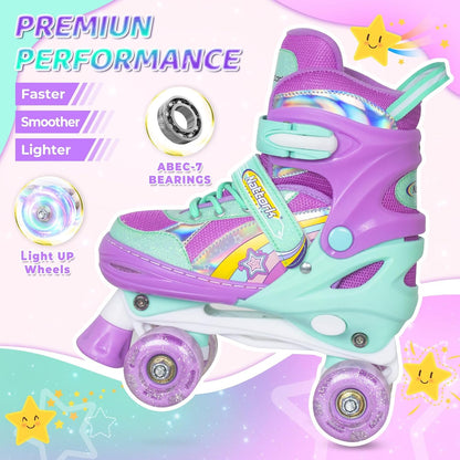 NATTORK Kinder-Rollschuhe für Mädchen, Medium(32-36 EU)4 Größenverstellbar, Regenbogen-Quad-Skates mit allen leuchtenden Rädern