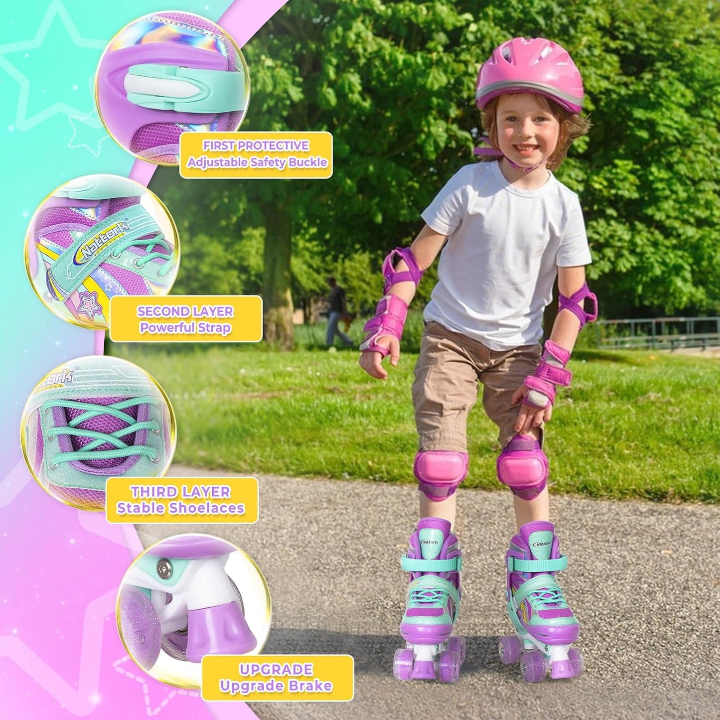 NATTORK Kinder-Rollschuhe für Mädchen, Medium(32-36 EU)4 Größenverstellbar, Regenbogen-Quad-Skates mit allen leuchtenden Rädern