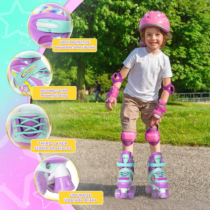 NATTORK Kinder-Rollschuhe für Mädchen, Medium(32-36 EU)4 Größenverstellbar, Regenbogen-Quad-Skates mit allen leuchtenden Rädern