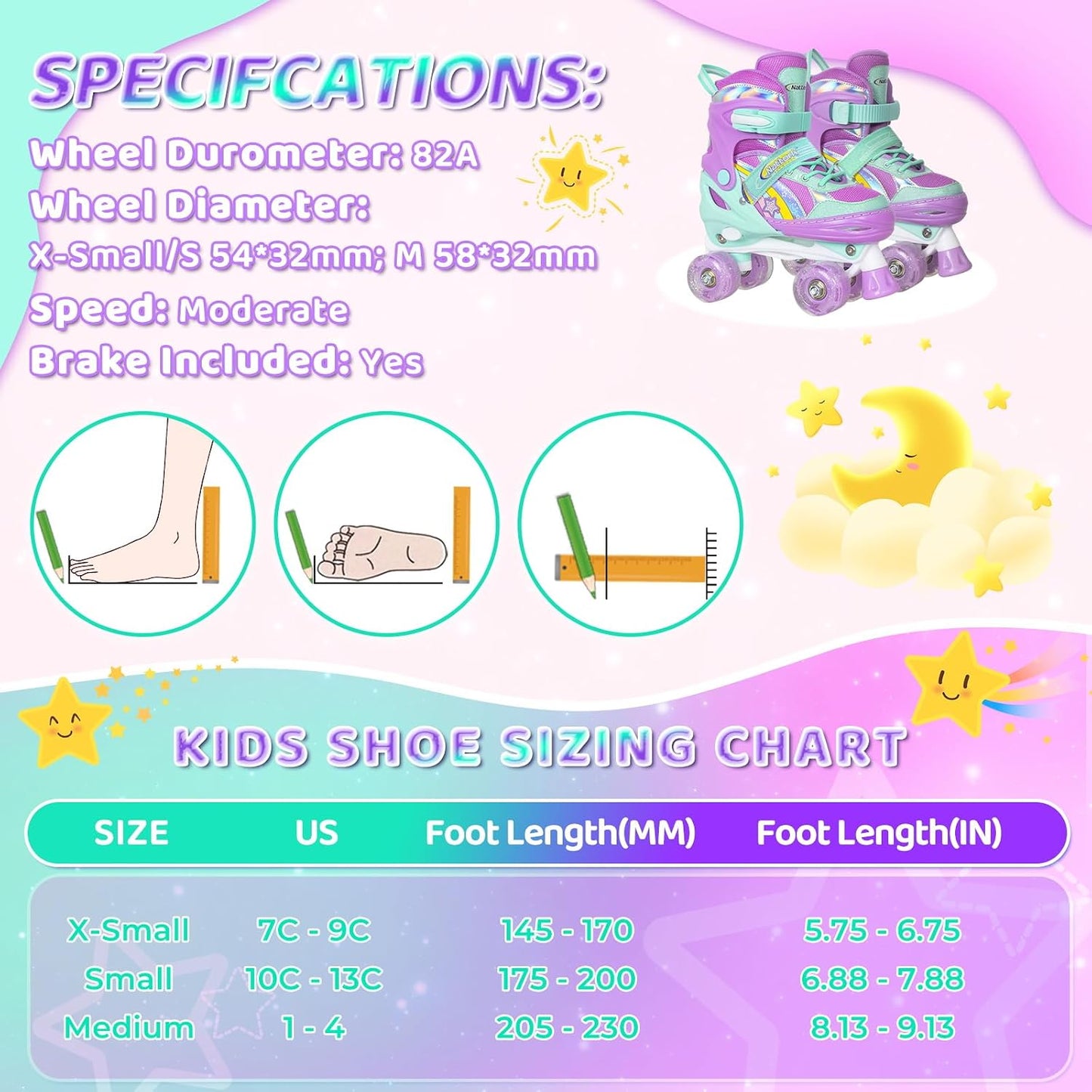 NATTORK Kinder-Rollschuhe für Mädchen, Medium(32-36 EU)4 Größenverstellbar, Regenbogen-Quad-Skates mit allen leuchtenden Rädern
