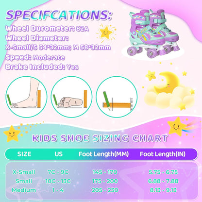 NATTORK Kinder-Rollschuhe für Mädchen, Medium(32-36 EU)4 Größenverstellbar, Regenbogen-Quad-Skates mit allen leuchtenden Rädern
