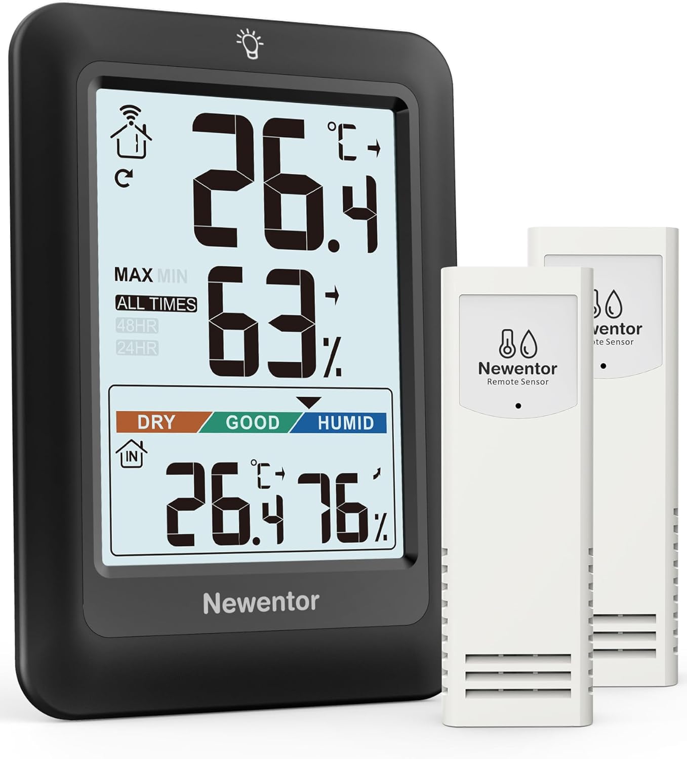 Newentor Thermometer innen außen 24/48 Std 2 Außensensoren.Schwarz