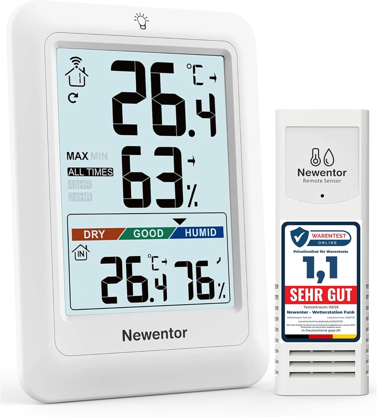 Newentor Thermometer innen außen MAX MIN 24/48 Std,mit Außensensor, Luftkomfort