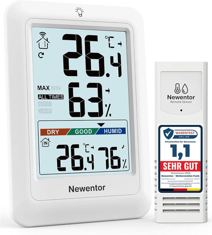 Newentor Thermometer innen außen MAX MIN 24/48 Std,mit Außensensor, Luftkomfort