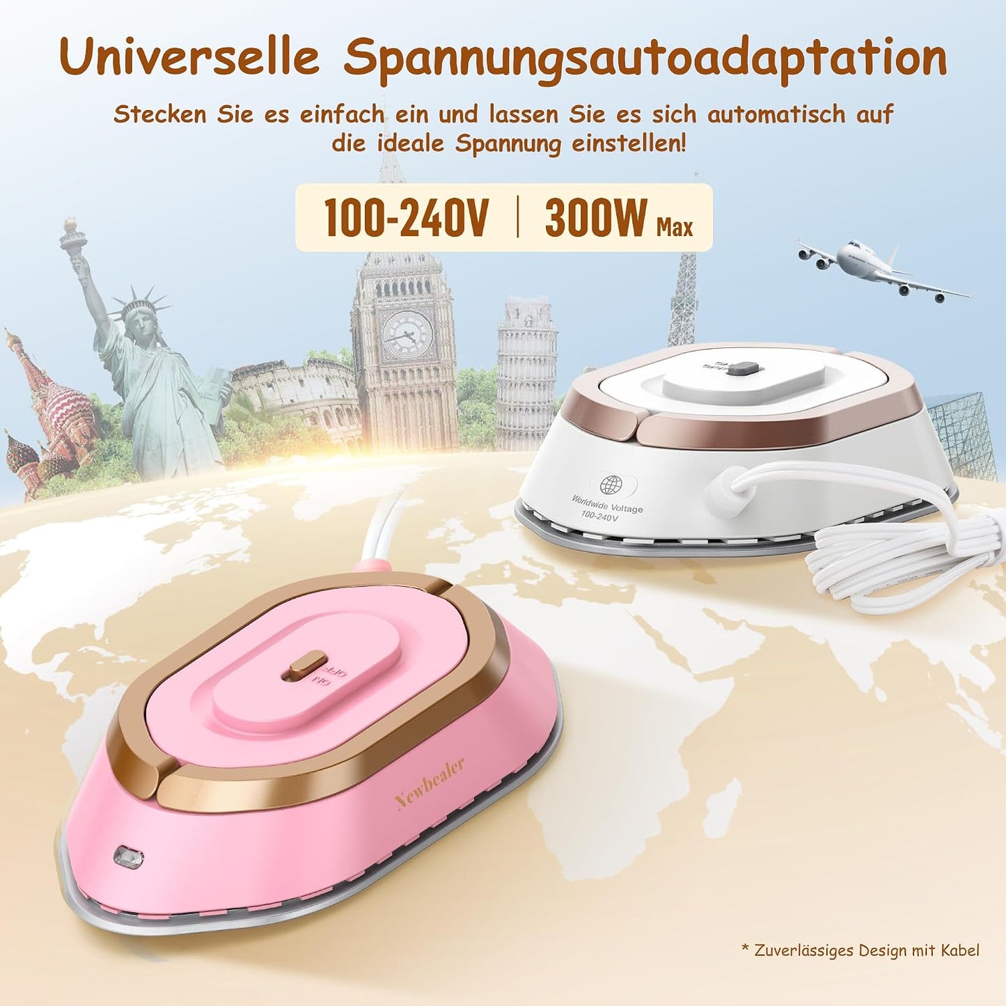 Newbealer Mini Reisebügeleisen mit Universalspannung 100-240V,Keramikfläche, 150 °C Gold