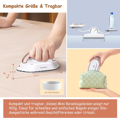 Newbealer Mini Reisebügeleisen mit Universalspannung 100-240V,Keramikfläche, 150 °C Gold