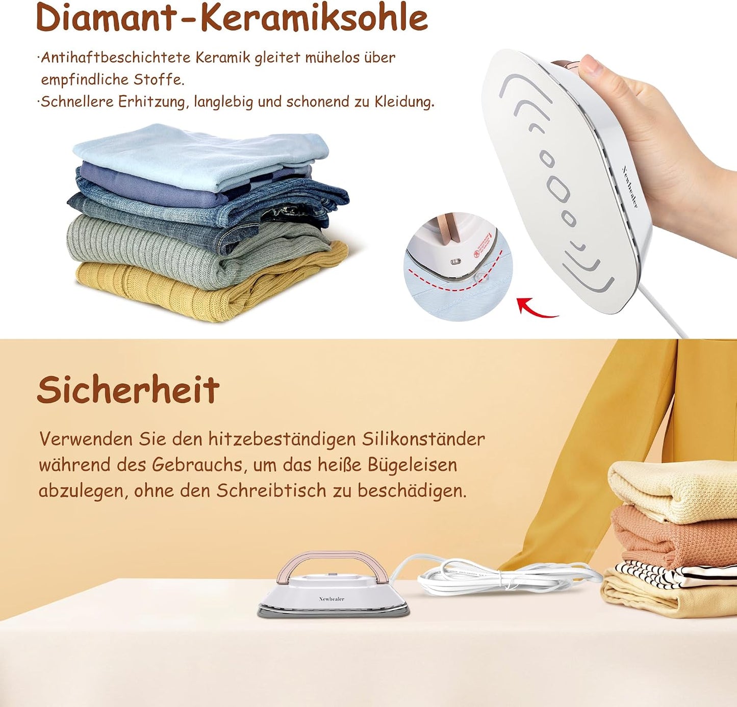 Newbealer Mini Reisebügeleisen mit Universalspannung 100-240V,Keramikfläche, 150 °C Gold