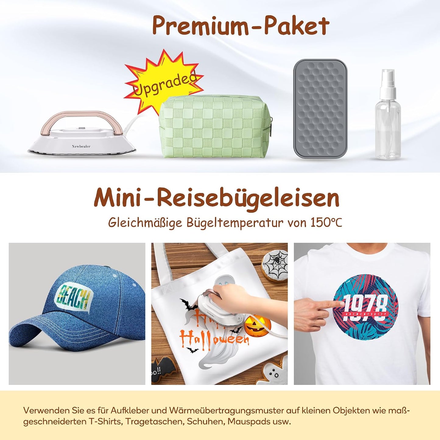Newbealer Mini Reisebügeleisen mit Universalspannung 100-240V,Keramikfläche, 150 °C Gold
