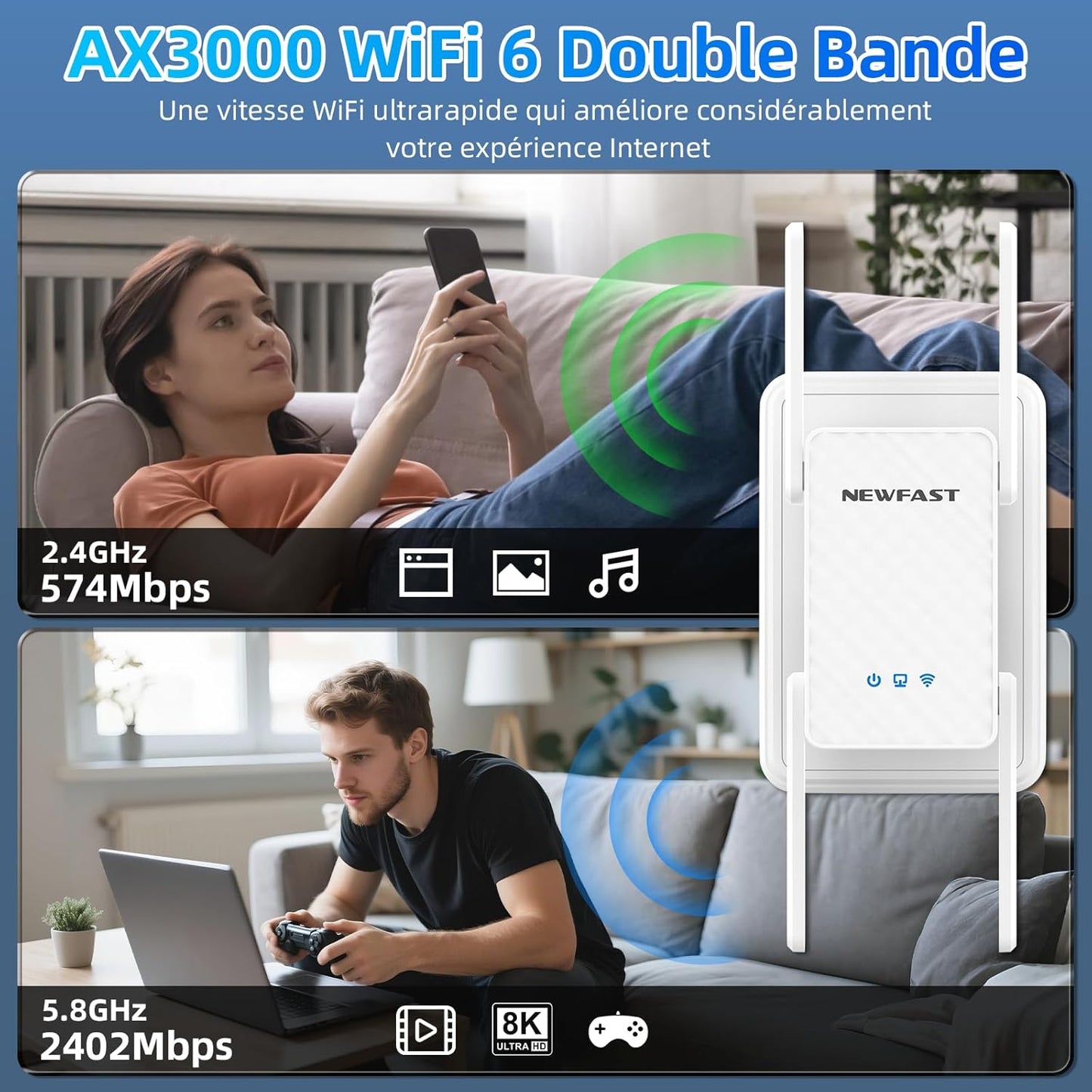 NEWFAST WiFi 6 Verstärker WiFi Leistungsstark AX3000  Gigabit-Ethernet-Anschluss